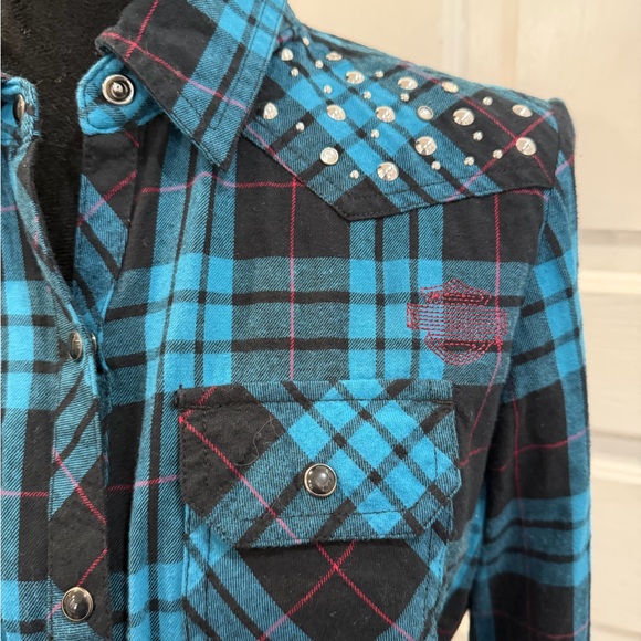 Harley Davidson Motorcycles Embroidered Logo Snap Button Back Flannel Sz M - Picture 2 of 14